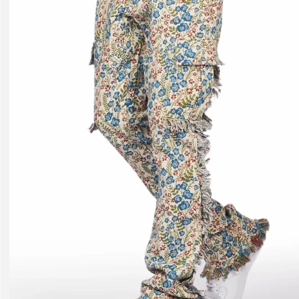 Rockstar Original Tayami Boys Floral Blue Cargo Stacked Flare Jeans NEW Size 12